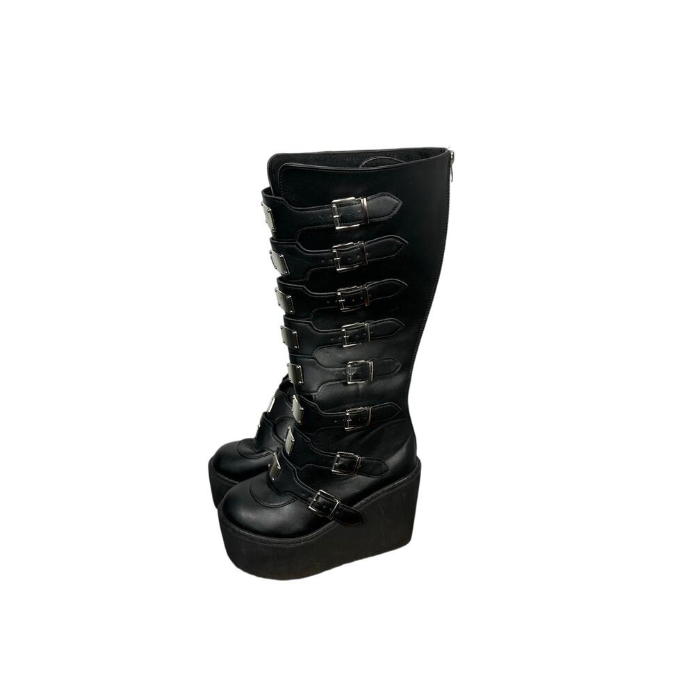 Black Women's Wedge Platform Buckles Knee High Boots Festival Goth vegan size 7